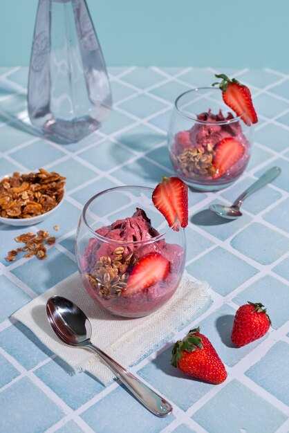 Delicious cup of açai dessert high angle