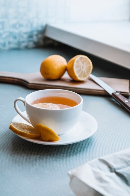 Delicious cup of tea with slices of lemon