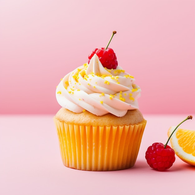 Free photo delicious cupcake with raspberries