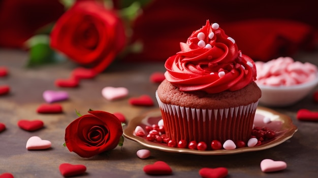 Бесплатное фото Вкусный кекс с розой