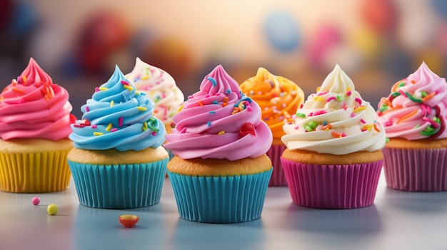 무료 사진 다채로운 아이싱을 곁들인 맛있는 컵케이크