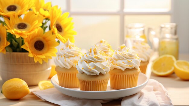 Free photo delicious cupcakes with sunflowers