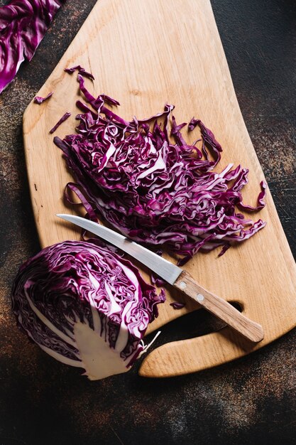 Delicious cut red cabbage with knife
