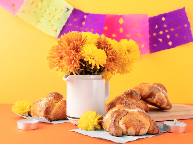 Delicious dessert and flower bouquet