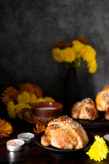 Delicious dessert and flowers assortment