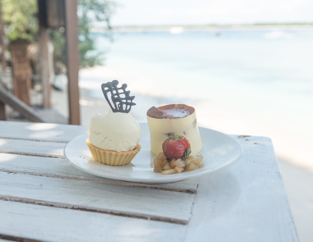 Delicious desserts at beach table