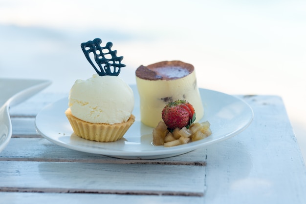 Delicious desserts at beach table