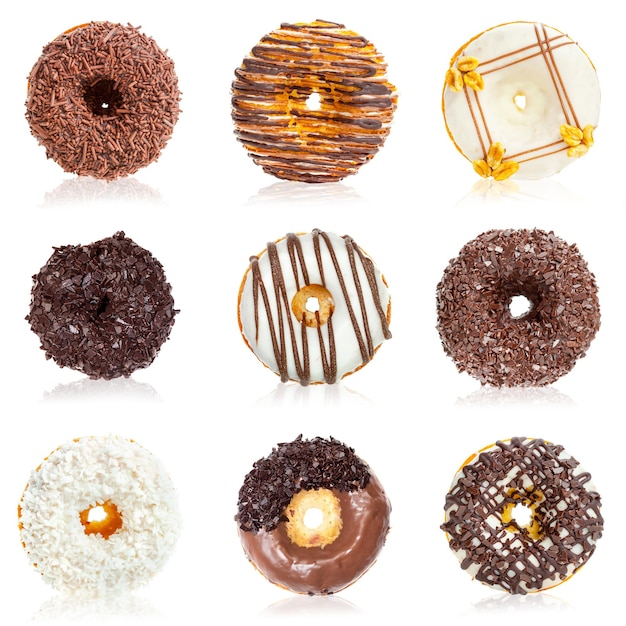 Delicious donuts collage isolated on white