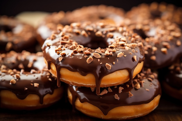 Free photo delicious donuts with chocolate topping