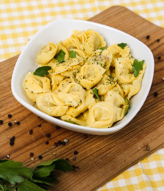 Delicious dumplings on rustic table