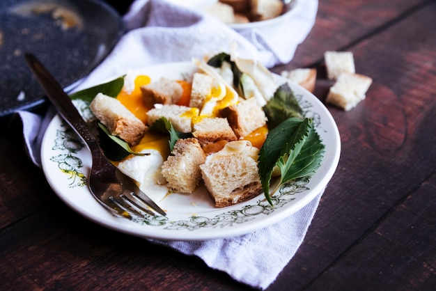 Delicious egg and bread crumbs breakfast