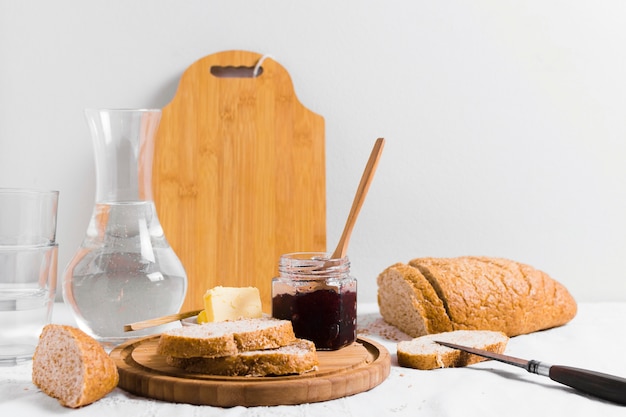 Delicious english breakfast with loaf and jam