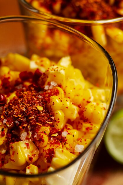 Delicious esquites with spices high angle