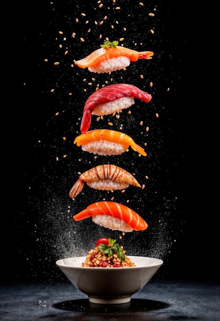 Free Photo delicious flying sushi presentation
