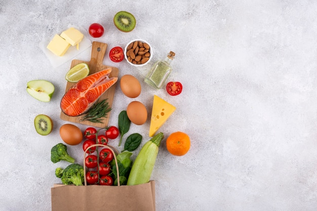 Delicious food arrangement above view