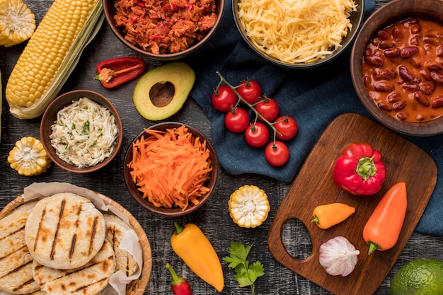 Delicious food assortment flat lay