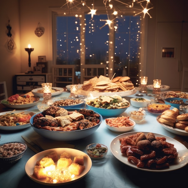 Delicious food prepared for jewish hanukkah celebration