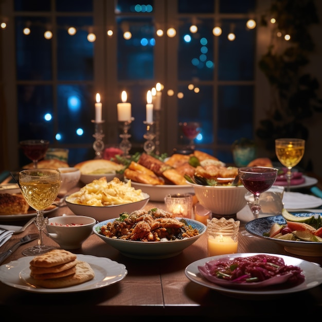 Delicious food prepared for jewish hanukkah celebration