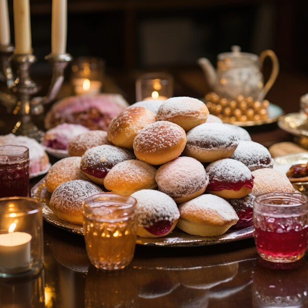 Delicious food prepared for jewish hanukkah celebration