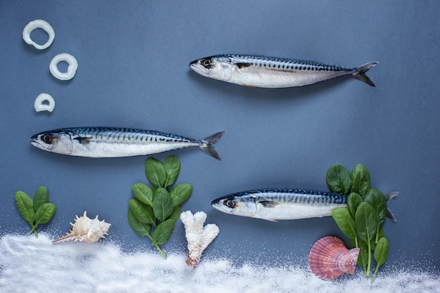 Foto gratuita delizioso pesce fresco su sfondo blu. pesce con erbe aromatiche, cipolla, pesce in concetto di nuoto in acqua