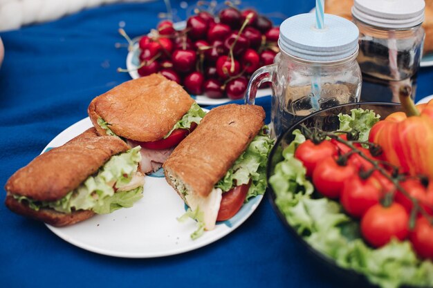 Вкусные свежие овощи на тарелкеКрупный план экологически чистых овощей на тарелке Летние овощи для пикника Салат помидоры красный перец и огурцы