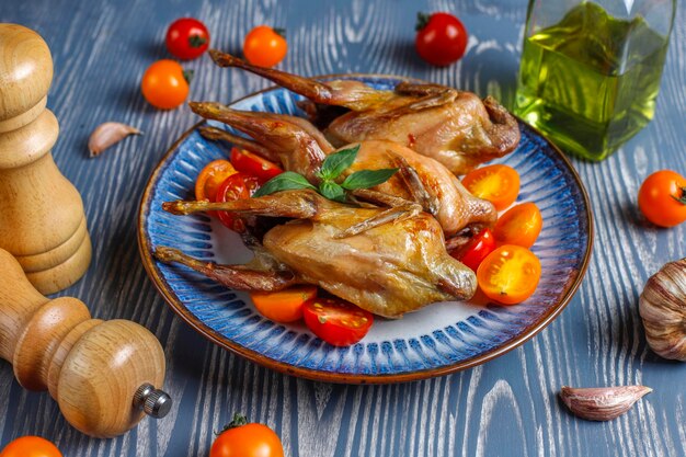 Delicious fried quail with herbs and cherry tomatoes.