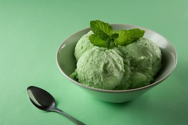Delicious green ice cream still life