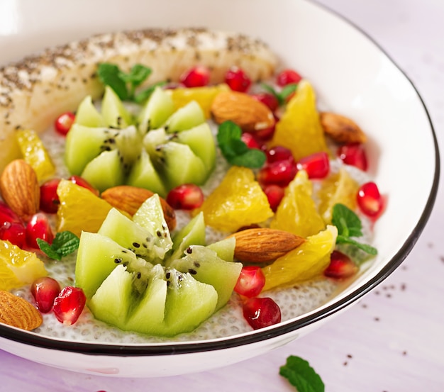 Free photo delicious and healthy chia pudding with banana, kiwi and chia seeds.