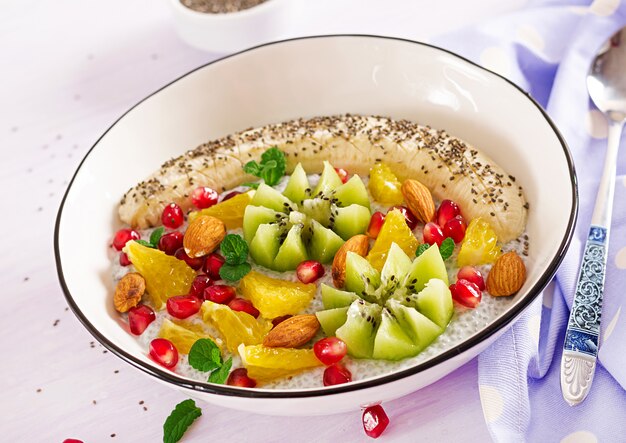 Delicious and healthy chia pudding with banana, kiwi and chia seeds