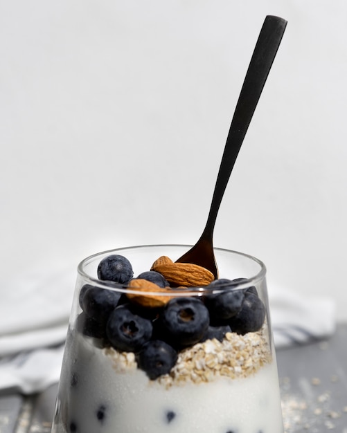 Delicious healthy dessert with blueberry arrangement