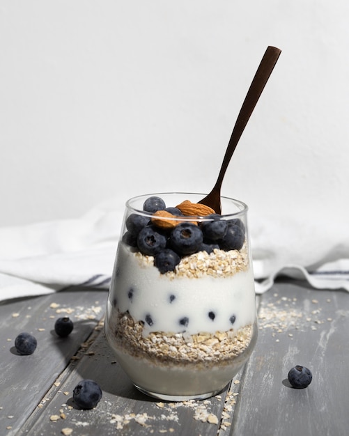 Delicious healthy dessert with blueberry arrangement