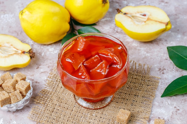 Delicious and healthy homemade quince jam in glass