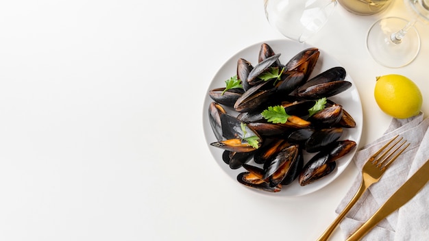 Delicious healthy mussels with copy space