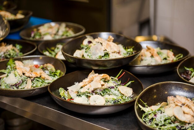 Delicious healthy salads close up