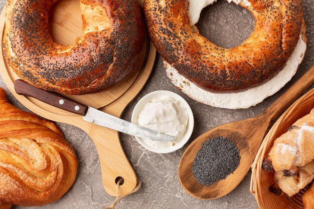 Delicious homemade bagels flat lay