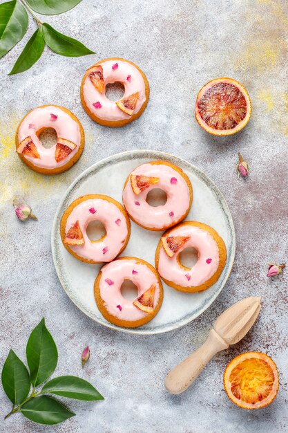 Delicious homemade blood orange glaze donuts.