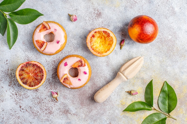 Delicious homemade blood orange glaze donuts.