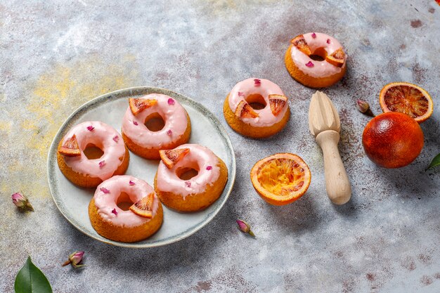 Delicious homemade blood orange glaze donuts.