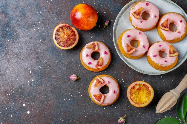 Delicious homemade blood orange glaze donuts.