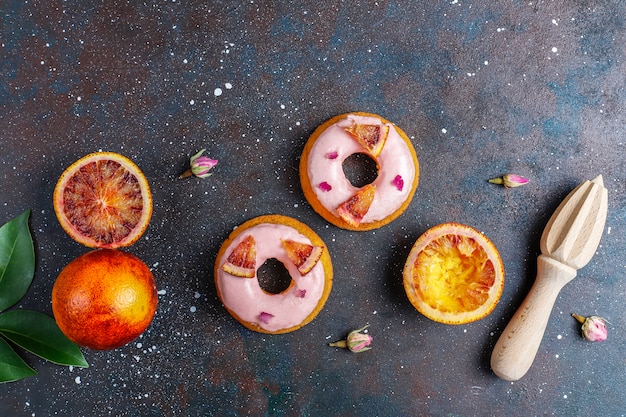 Delicious homemade blood orange glaze donuts.