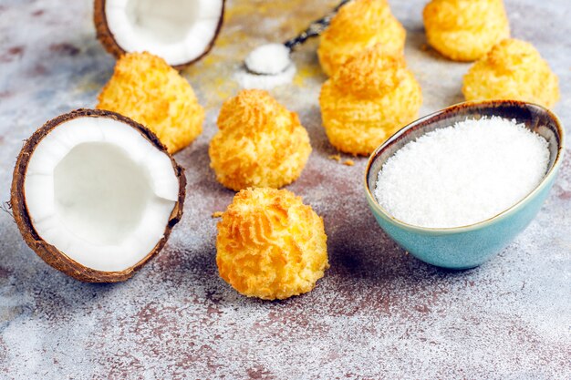 Delicious homemade coconut macarons with fresh coconut