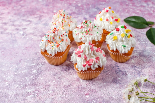 Delicious homemade cupcakes with various  sprinkles