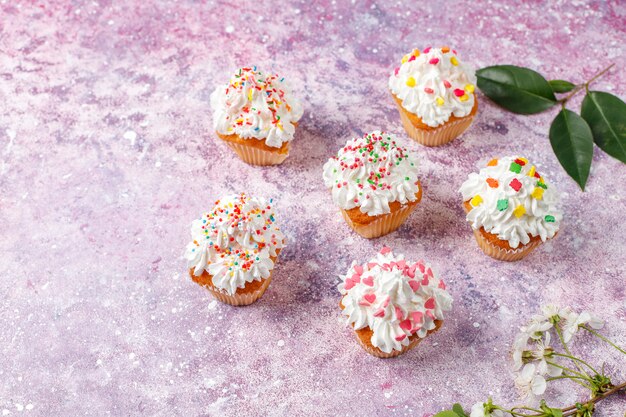 Delicious homemade cupcakes with various  sprinkles