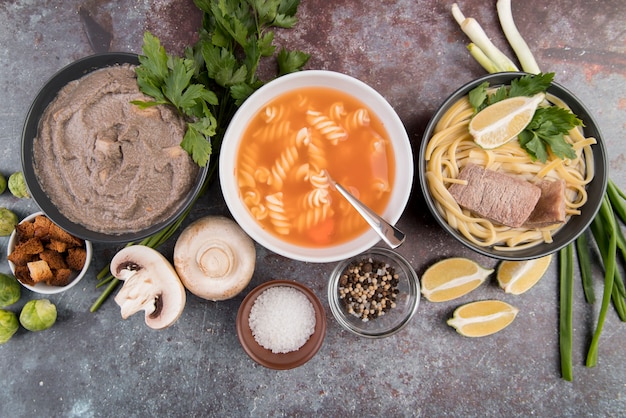 Delicious homemade hot soups and ingredients