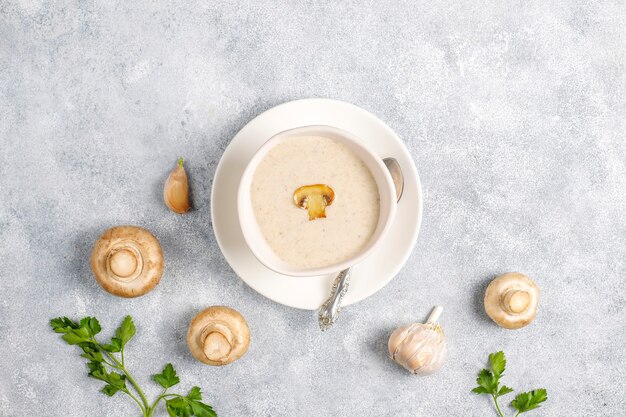 Delicious homemade mushroom cream soup, top view