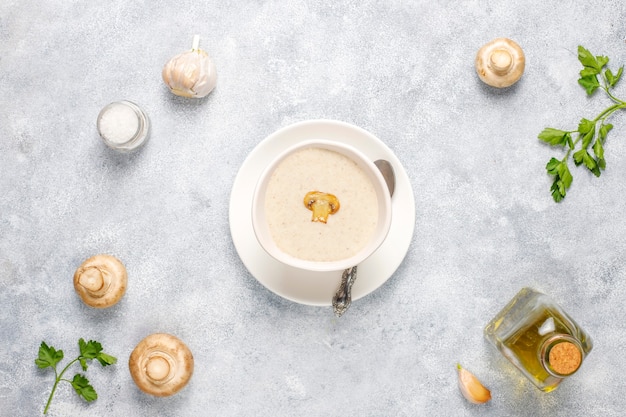 Delicious homemade mushroom cream soup,top view