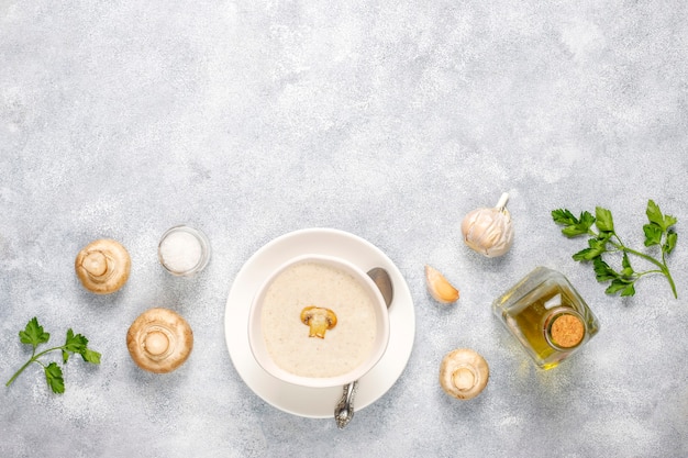 Delicious homemade mushroom cream soup,top view