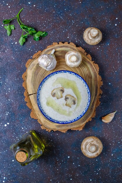 Delicious homemade mushroom cream soup,top view