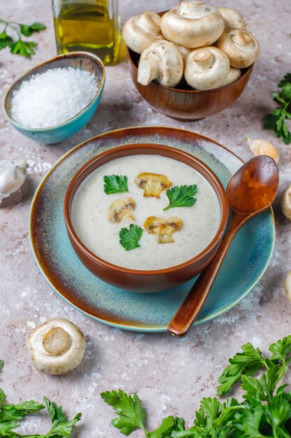 Delicious homemade mushroom cream soup,top view