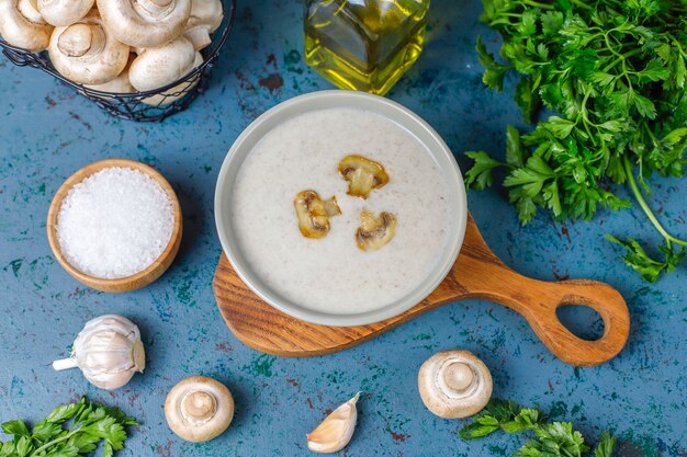 Delicious homemade mushroom cream soup, top view